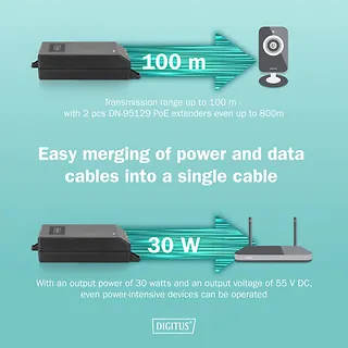 Digitus Zasilacz/Adapter PoE+ 802.3at aktywny max. 55V 30W 10/100/1000Mbps, transmisja do 100m