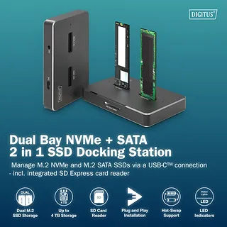 Digitus Stacja dokująca USB-C 3.2 Gen2 dla dysków SSD M.2 Duo NVMe oraz SATA (max. 2x 4 TB) z czytnikiem kart SD-Express 7.1 (max. 2 TB), czarna