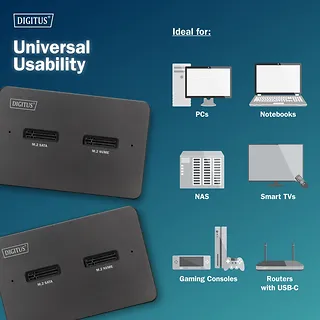 Digitus Stacja dokująca USB-C 3.2 Gen2 dla dysków SSD M.2 Duo NVMe oraz SATA (max. 2x 4 TB) z czytnikiem kart SD-Express 7.1 (max. 2 TB), czarna