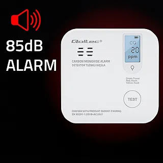 Qoltec Czujnik tlenku węgla z baterią | alarm 85dB | LED