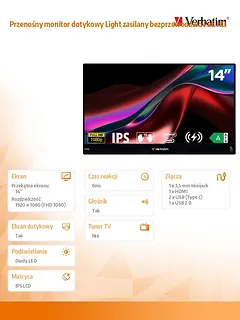 Verbatim Przenośny monitor dotykowy Light zasilany bezprzewodowo Full HD