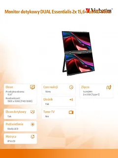 Verbatim Monitor dotykowy DUAL Essentialis 2x 15,6  Full HD 60Hz