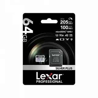 Lexar Karta pamięci microSD 64GB C10 A2 U3 V30 205/100MB/s Silver Plus
