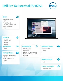 Laptop Dell Pro 14 Essential PV14255 W11P Ryzen 7 250|16GB|512GB|AMD Radeon|FgrPr|WLAN+BT|14.0 FHD+|BcklKb|4C|65W|3YPS Carbon Black (Plastic)