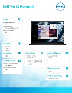 Laptop Dell Pro 14 Essential PV14250 W11P C7-150U|16GB|512GB|Intel Graph|FgrPr|WLAN+BT|14.0 FHD+|BcklKb|4C|65W|3YPS Carbon Black (Plastic)