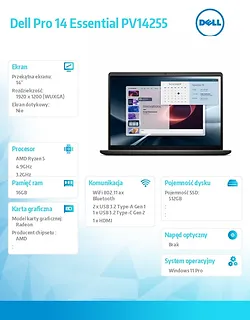 Laptop Dell Pro 14 Essential PV14255 W11P Ryzen 5 220|16GB|512GB|AMD Radeon|FgrPr|WLAN+BT|14.0 FHD+|BcklKb|3C|65W|3YPS Carbon Black (Plastic)