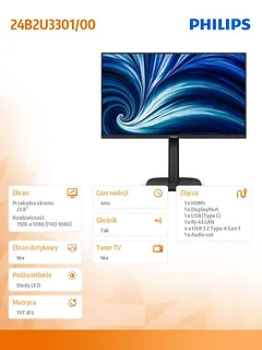 Philips Monitor 24B2U3301 23.8 cala IPS 120Hz HDMI DP RJ45 USB-C Pivot Głośniki