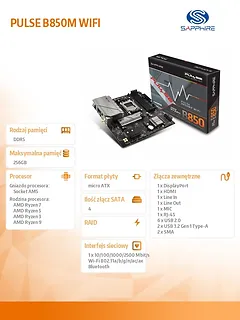 Sapphire Technology Płyta główna PULSE B850M WIFI AM5 4DDR5 mATX