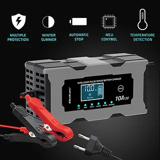 Qoltec Mikroprocesorowa ładowarka 12V 10A | Prostownik z funkcją naprawy do akumulatora AGM GEL LiFePO4 | LCD