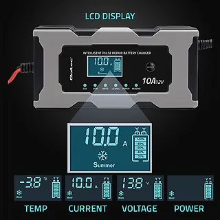 Qoltec Mikroprocesorowa ładowarka 12V 10A | Prostownik z funkcją naprawy do akumulatora AGM GEL LiFePO4 | LCD
