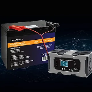 Qoltec Mikroprocesorowa ładowarka 12V 10A | Prostownik z funkcją naprawy do akumulatora AGM GEL LiFePO4 | LCD