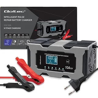 Qoltec Mikroprocesorowa ładowarka 12V 10A | Prostownik z funkcją naprawy do akumulatora AGM GEL LiFePO4 | LCD