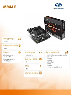 Sapphire Technology Płyta gł&oacute;wna A520M-E AM4 2DDR4 mATX