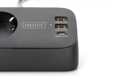 Digitus Listwa zasilająca biurkowa, 3 gniazda Schuko, 2x USB-A (2x 12W), 1x USB-C (30W) z zaciskiem na blat, kabel 1,5m, czarna