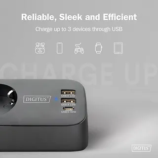 Digitus Listwa zasilająca biurkowa, 3 gniazda Schuko, 2x USB-A (2x 12W), 1x USB-C (30W) z zaciskiem na blat, kabel 1,5m, czarna