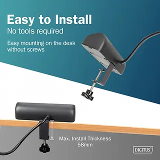 Digitus Listwa zasilająca biurkowa, 3 gniazda Schuko, 2x USB-A (2x 12W), 1x USB-C (30W) z zaciskiem na blat, kabel 1,5m, czarna