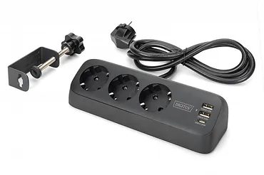 Digitus Listwa zasilająca biurkowa, 3 gniazda Schuko, 2x USB-A (2x 12W), 1x USB-C (30W) z zaciskiem na blat, kabel 1,5m, czarna