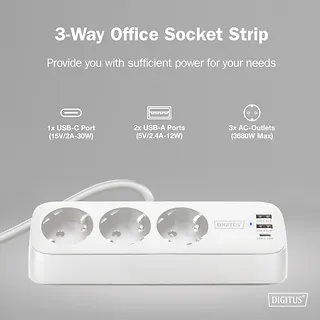 Digitus Listwa zasilająca biurkowa, 3 gniazda Schuko, 2x USB-A (2x 12W), 1x USB-C (30W) z zaciskiem na blat, kabel 1,5m, biała