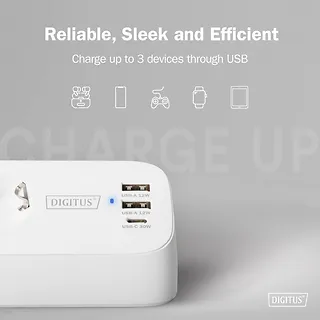 Digitus Listwa zasilająca biurkowa, 3 gniazda Schuko, 2x USB-A (2x 12W), 1x USB-C (30W) z zaciskiem na blat, kabel 1,5m, biała