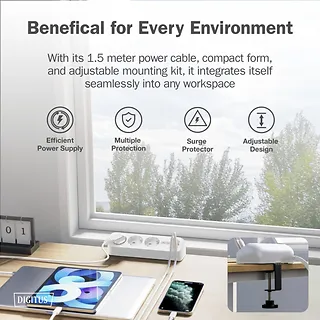 Digitus Listwa zasilająca biurkowa, 3 gniazda Schuko, 2x USB-A (2x 12W), 1x USB-C (30W) z zaciskiem na blat, kabel 1,5m, biała