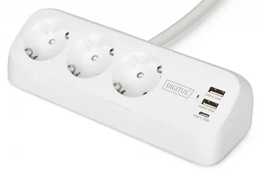 Digitus Listwa zasilająca biurkowa, 3 gniazda Schuko, 2x USB-A (2x 12W), 1x USB-C (30W) z zaciskiem na blat, kabel 1,5m, biała