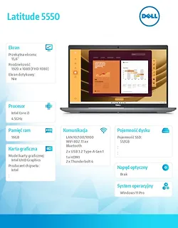 Dell Laptop Latitude 5550 Win11Pro i3-1315U/16GB/512GB/15.6 FHD/UHD/FgrPr/FHD Cam/Mic/WLAN + BT/Backlit Kb/3 Cell/3YPS