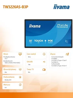 IIYAMA Monitor 32 cale TW3226AS-B3P POJ.10PKT.VA.24/7.FHD,500cd,HDMI,3xUSB,  1xUSB-c,RJ45,MIC, 2x5W,ANDROID 14,RK3567, 4/32GB, iiSign2