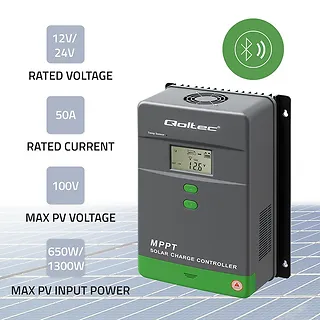 Qoltec Solarny regulator ładowania MPPT z czujnikiem temperatury 50A |  12V/24V | LCD | Bluetooth | APP | GEL | LiFePO4