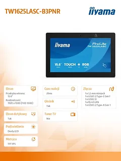 IIYAMA Monitor 16 cali TW1625LASC-B3PNR ANDROID 14,FHD,10PKT,450cd,2x2W,    4xUSB, 1xUSB-C,RJ45, MIC, RK3567, 4/32GB, LED lightbar, iiSign2, NFC, 24/7