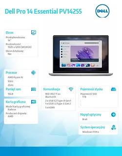 Laptop Dell Pro 14 Essential PV14255 W11P Ryzen AI 7 350|16GB|1TB|AMD Radeon|FgrPr|WLAN+BT|14.0 FHD+|BcklKb|4C|65W|3YPS Platinum Silver Metal