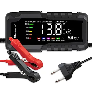 Qoltec Mikroprocesorowa ładowarka 12V 6A | Prostownik z funkcją naprawy do akumulatora AGM GEL LiFePO4 | LCD