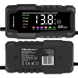 Qoltec Mikroprocesorowa ładowarka 12V 6A | Prostownik z funkcją naprawy do akumulatora AGM GEL LiFePO4 | LCD