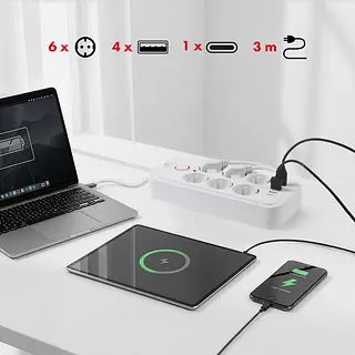 Maclean Listwa zasilająca MCE391 W 6 gniazd 4xUSB-A 1xUSB-C 110-240V AC 50/60Hz, 2.1A max 2500W, biała