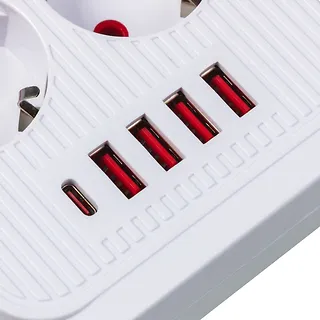 Maclean Listwa zasilająca MCE391 W 6 gniazd 4xUSB-A 1xUSB-C 110-240V AC 50/60Hz, 2.1A max 2500W, biała