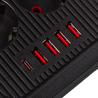 Maclean Listwa zasilająca MCE389 B 6 gniazd 4xUSB-A, 1xUSB-C 110-240V AC 50/60Hz, 2.1A max 2500W, czarna