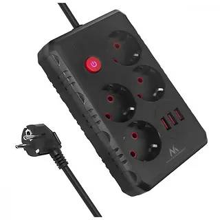 Maclean Listwa zasilająca MCE393 B 4 gniazda 3xUSB 110-240V AV 50/60Hz 1A max 2500W 3m czarna