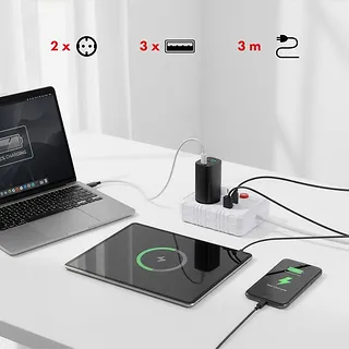 Maclean Listwa zasilająca, MCE388 W 2 gniazda, 3xUSB, 110-240V AC 50/60Hz, 2.1A max 2500W, 3m biała