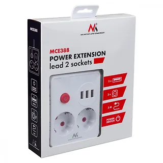 Maclean Listwa zasilająca, MCE388 W 2 gniazda, 3xUSB, 110-240V AC 50/60Hz, 2.1A max 2500W, 3m biała