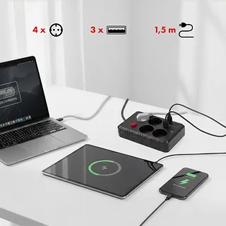 Maclean Listwa zasilająca MCE392 B, 4 gniazda 3xUSB, 110-240V AC 50/60Hz, 2.1A max 2500W, 1,5m czarna