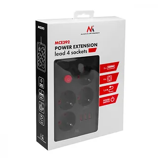 Maclean Listwa zasilająca MCE392 B, 4 gniazda 3xUSB, 110-240V AC 50/60Hz, 2.1A max 2500W, 1,5m czarna