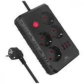 Maclean Listwa zasilająca MCE392 B, 4 gniazda 3xUSB, 110-240V AC 50/60Hz, 2.1A max 2500W, 1,5m czarna
