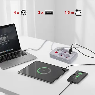 Maclean Listwa zasilająca MCE392 W 4 gniazda 3xUSB, 110-240V AC 50/60Hz, 2.1A max 2500W 1,5m biała