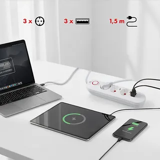 Maclean Listwa zasilająca MCE394 W 3 gniazda 3xUSB, 110-240V AC 50/60, 2.1A max 2500W, biała