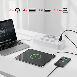 Maclean Listwa zasilająca MCE389 W 6 gniazd 4xUSB-A 1xUSB-C 110-240V, AC 50/60Hz, 2.1A max 2500W biała