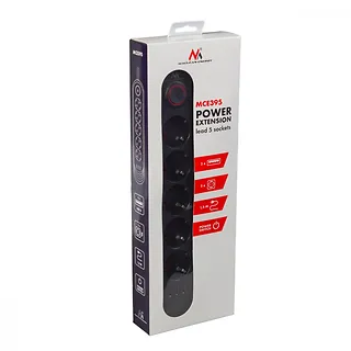 Maclean Listwa zasilająca MCE395 B 5 gniazd 3xUSB, 110-240V AC 50/60Hz, 2.1A max 2500W, czarna