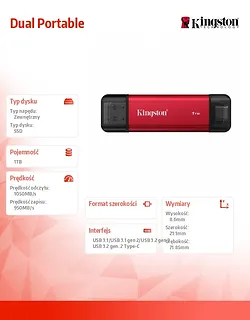 Kingston Dysk zewnętrzny SSD 1TB DualPortable USB-A/C 3.2 Gen2