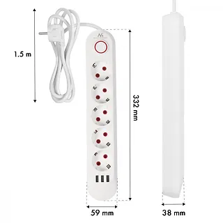 Maclean Listwa zasilająca 5 gniazd MCE395 W 3xUSB, 110-240v AC 50/60Hz, 2,1A max 2500W, biała