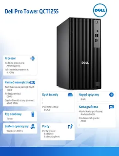 Komputer Dell Pro Tower QCT1255 W11Pro Ryzen 5 Pro 8600G/1x16GB/512GB/Integrated/Kb/TPM/3YPS