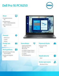 Laptop Dell Pro 16 PC16250 W11P C7 150U/16GB/512GB/FgrPr/FHD IR Cam&Mic/WLAN+BT/16.0 FHD+/BcklKb/3C/YPS3 Magnetite color, textured finish