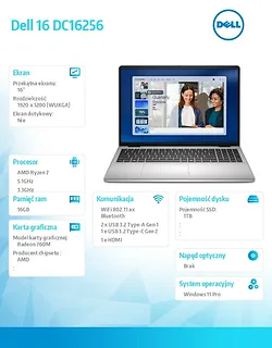 Laptop Dell 16 DC16256 W11P R7-250|16GB|1TB|AMD Radeon|FgrPr|WLAN+BT|16.0 FHD+|Backlit Kb|4C|65W|3YPS Platinum Silver (Metal)